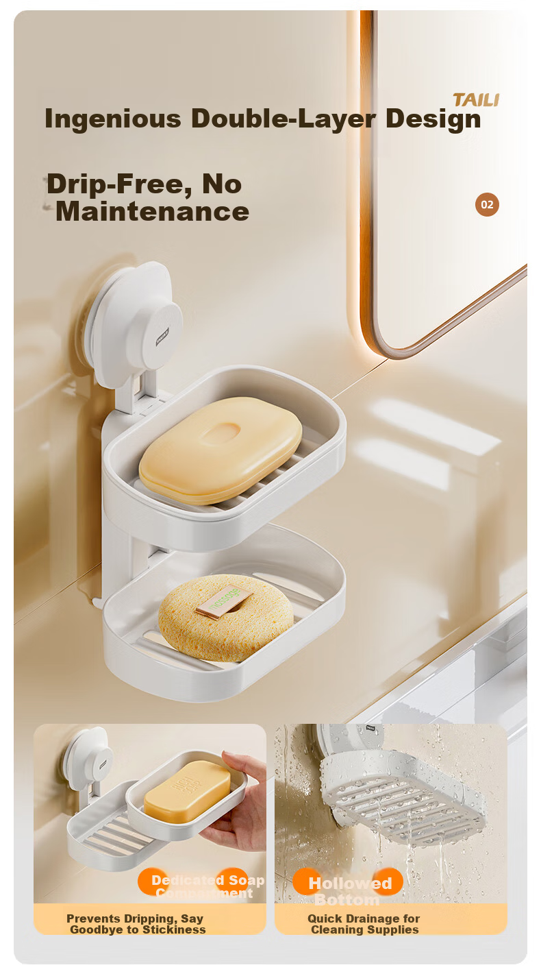 Taili Wall-Mounted Soap Dish Bathroom Soap Holder No-Drill Suction Cup Double-Layer Draining Storage Rack 9