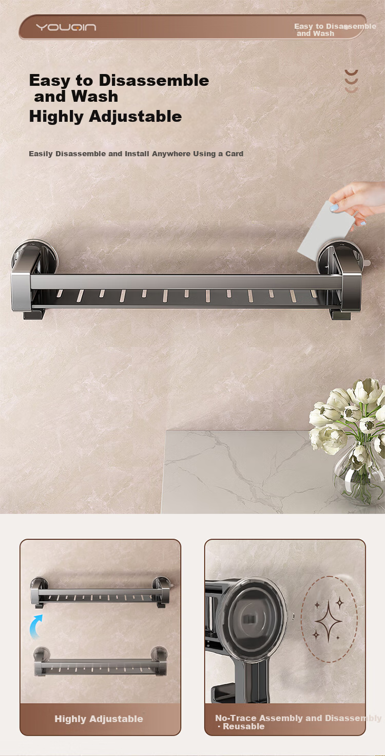 JiaDu Suction Cup Storage Rack Kitchen Storage Rack Bathroom Shelf Invisible No-Drill Wall-Mounted Organizer 4