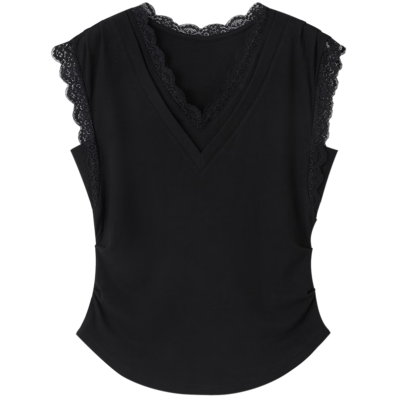 Demana [with Lyocell] Summer Elegant Lace V-Neck Sleeveless Side Ruched Slimming T-Shirt for Women