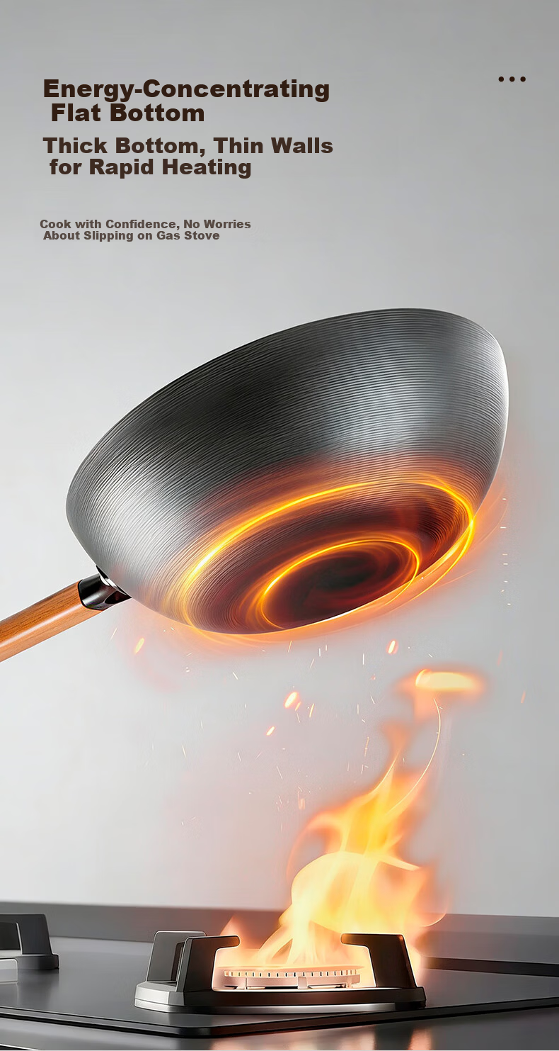 Tianxi 30cm Healthy Uncoated Ribbed Iron Wok Flat Bottom Non-Stick Stir Fry Pan Compatible with Open Flame Gas and Induction Cookers 14