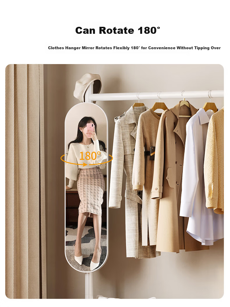 Yicainianhua Clothes Hanging Rotating Mirror with Storage Rack, Bedroom Coat Stand, Floor-Standing Clothes Rack, Home Coat Hanger 2449 Black 6
