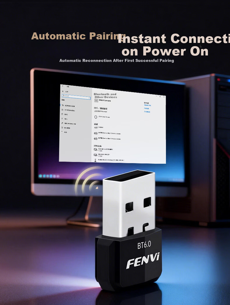 Fenvi USB Bluetooth 6.0 Adapter Driver-Free Bluetooth 6.0 Receiver for Desktop PC Bluetooth Module Wireless Keyboard Mouse Speaker Headset Game Controller Connection 8
