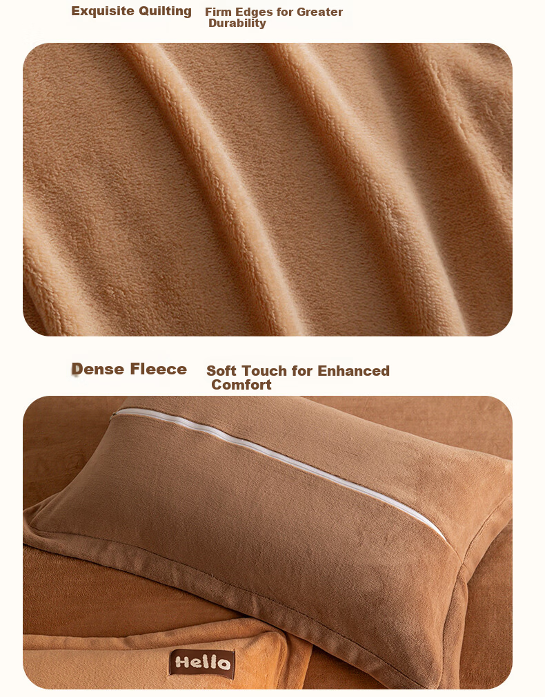 Hengyuanxiang Milk Velvet Four-Piece Bedding Set Thickened Fleece Warm Quilt Cover 220*240cm Apricot Camel 12