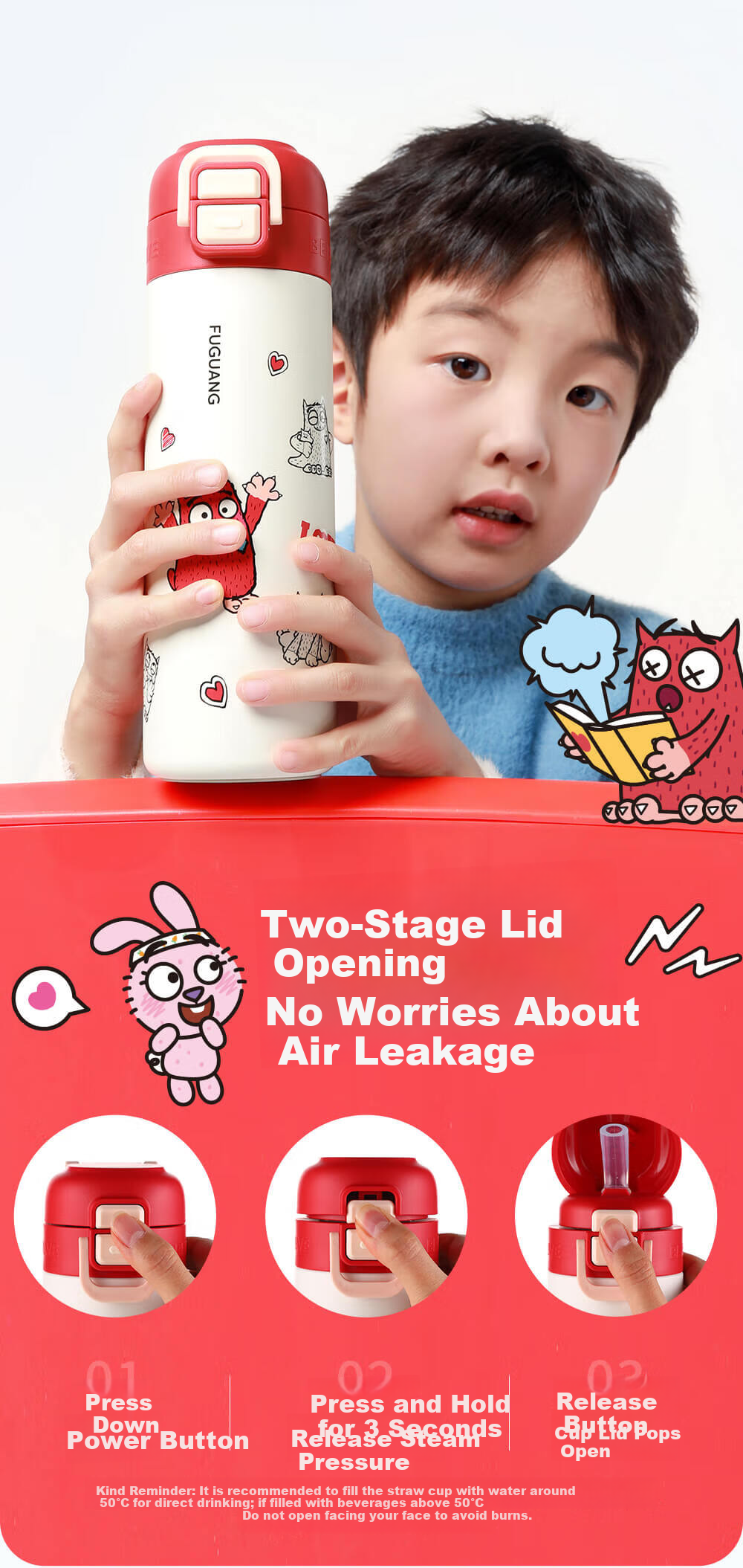 FGA Fuguang Children's Insulated Water Bottle, 316L Double-Drinking Design, for Elementary School Students, Back-To Portable Large Capacity, Red, 500ml 7