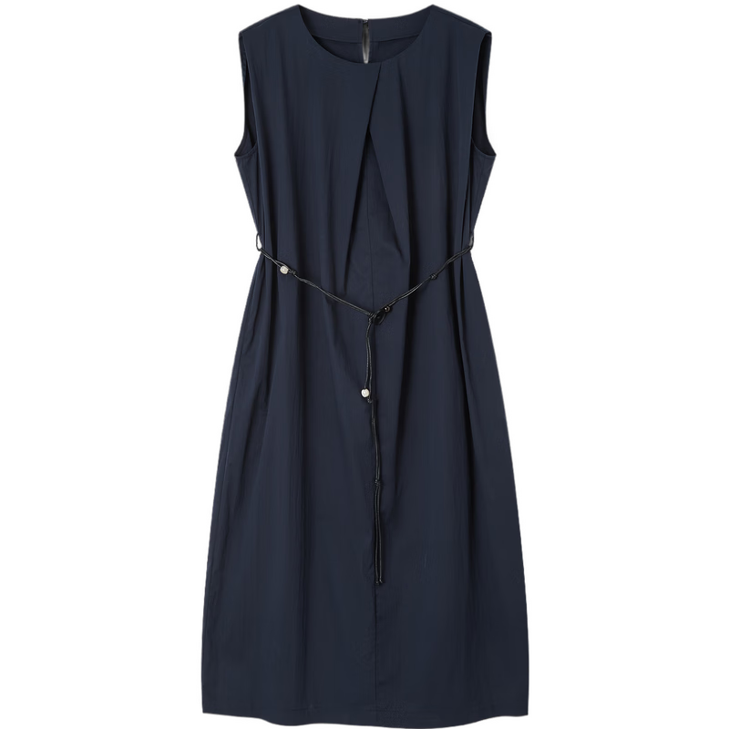 Demana Elegant Urban Summer Simple Cotton-Blend Stretch Round Neck Pleated Sleeveless Belted Dress for Women Premium Feel