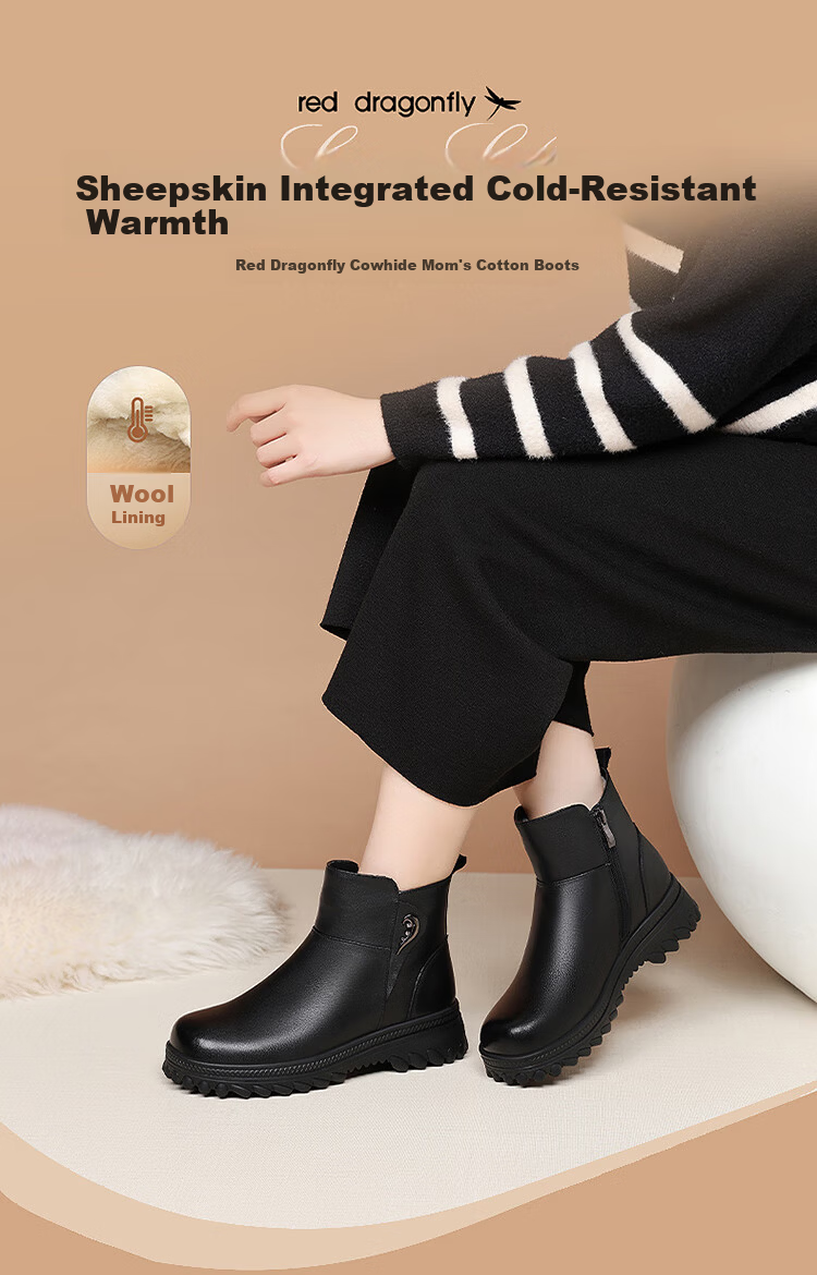 Red Dragonfly Women's Fleece-Lined Warm Mom Cotton Shoes Comfortable Middle-Aged Thick-Soled Short Boots WLC446621Z Black Size 40 1