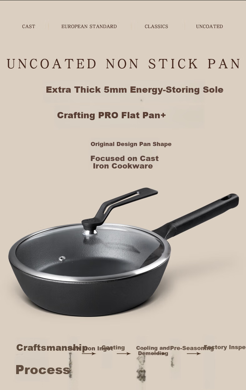 Jiu Zhu Gold Label 26cm Deep Frying Pan Cast Iron Skillet Flat Bottom Non-Coated Non-Stick Gas Stove Induction Cooker Frying Pan 16