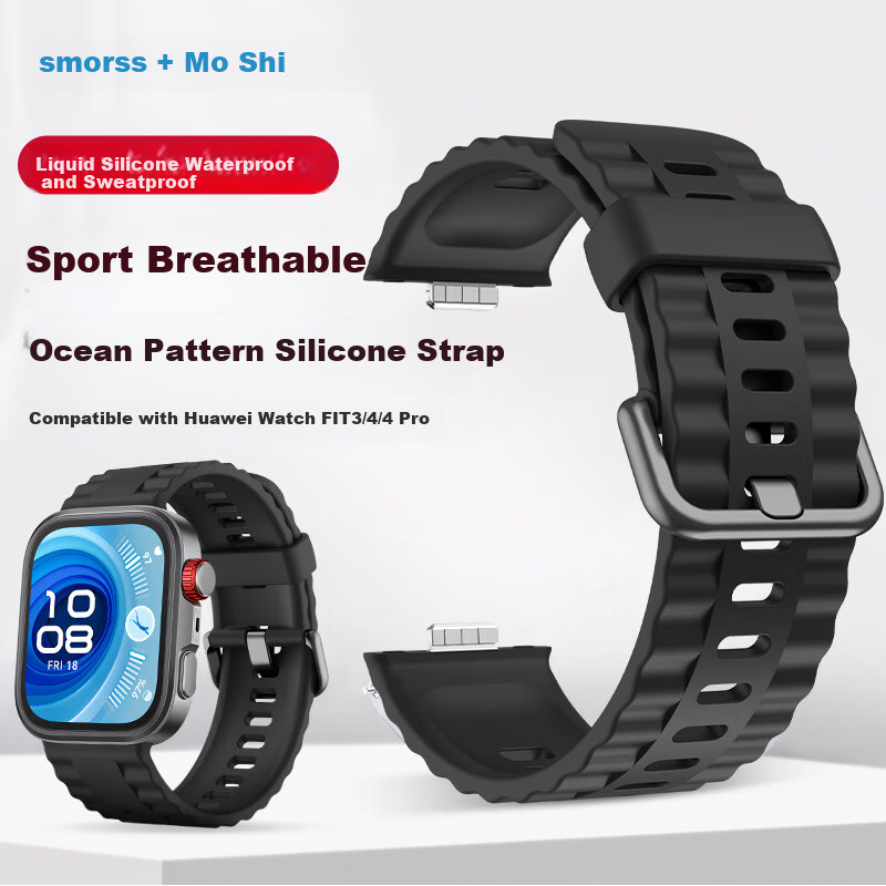 Smorss Silicone Watch Strap for Huawei Watch Fit5/Fit4/Pro, Fit3/4/4Pro, Ocean Pattern Breathable Sports Band Black