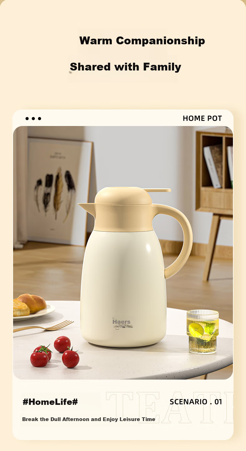 Haers 316L Stainless Steel Insulated Thermos Flask Household Large Capacity Hot Water Kettle Ivory White 2L 11