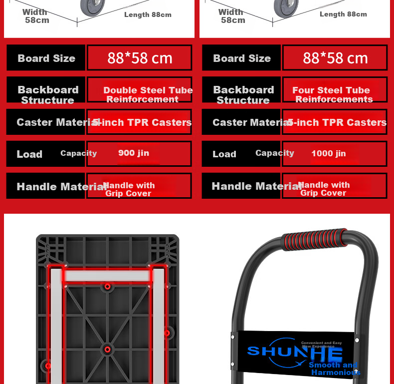 Shunhe Folding Flatbed Cart Hand Truck Trolley 70x47cm Double Tube Reinforced 4-Inch Wheels P500B-KM 9