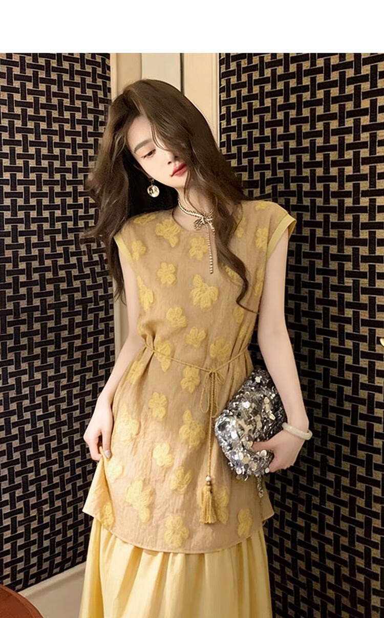 MT Patchwork Lyocell Summer Vacation Floral Texture Round Neck Tassel Tie Waist Flowing Slim Fit Women's Dress 5