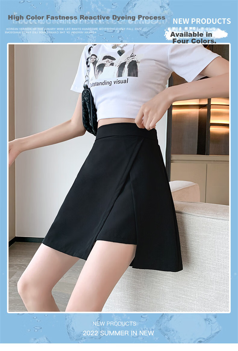 Langsha Women's High-Waist Asymmetric Slit Design Slim Fit A-Line Anti-Exposure Short Skirt Pants 2