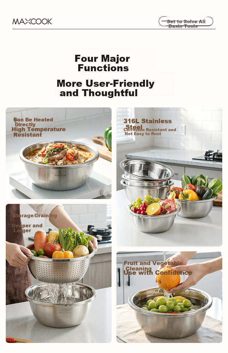 MAXCOOK 316L Stainless Steel Bowl and Sieve 3-Piece Set Thickened Seasoning Bowl, Vegetable Washing Bowl, Dough Mixing Bowl, Rice Sieve MCWA5653 2