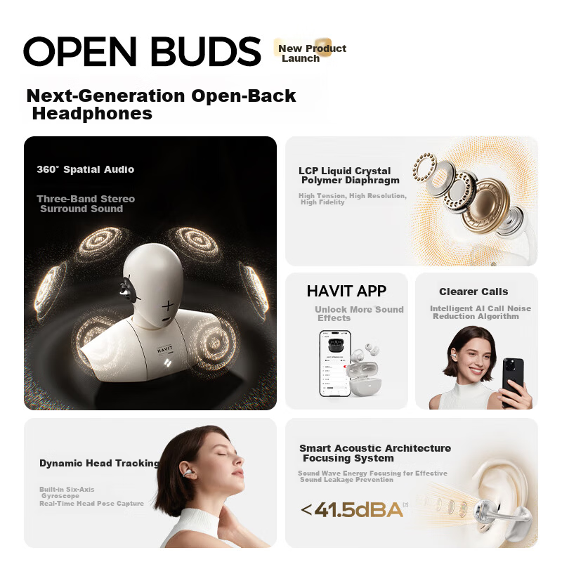 Havit Bluetooth Ear Clip Wireless Open-Ear Bone Conduction Headphones Long Battery Life Sports Running Noise Cancelling OWS916 Black