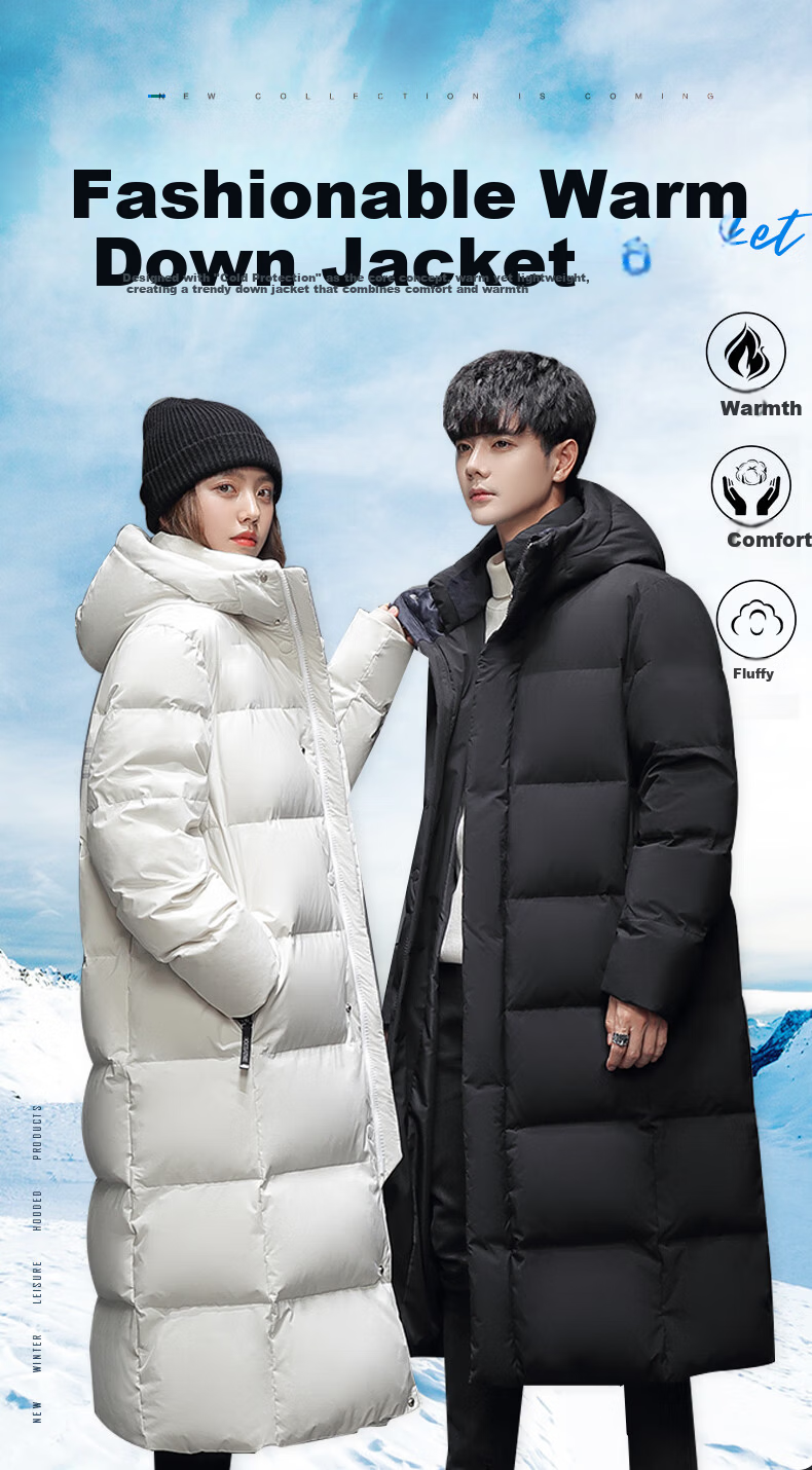 Yalu down Jacket, Unisex Winter Style, Knee-Length, Thickened, Cold-Resistant, Warm, Duck Down, Fashionable Hooded Couple's Coat 1