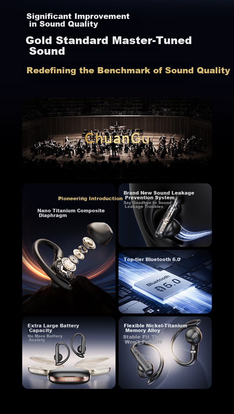Chuangu 2025 Latest Top Model Bluetooth Bone Conduction Open-Ear Sports Running Headphones Long Battery Life Noise Cancelling 1