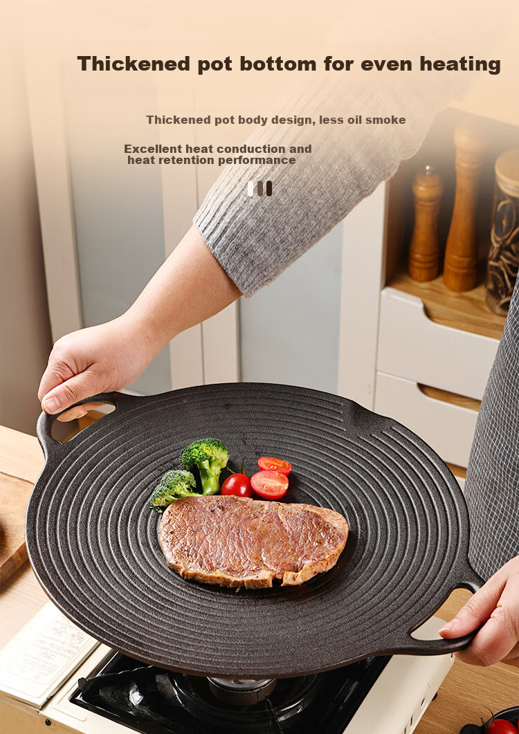 Jincun Cast Iron BBQ Grill Pan Flat Frying Pan No Coating Steak Egg Teppanyaki 35cm for Outdoor Gas Stove 4