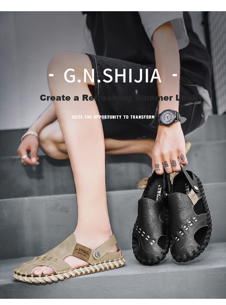 Bull Family Leather Sandals Summer Beach Shoes Men's Driving Outdoor Casual Trendy Soft Leather Soft Sole Handmade Hole Sandals 17