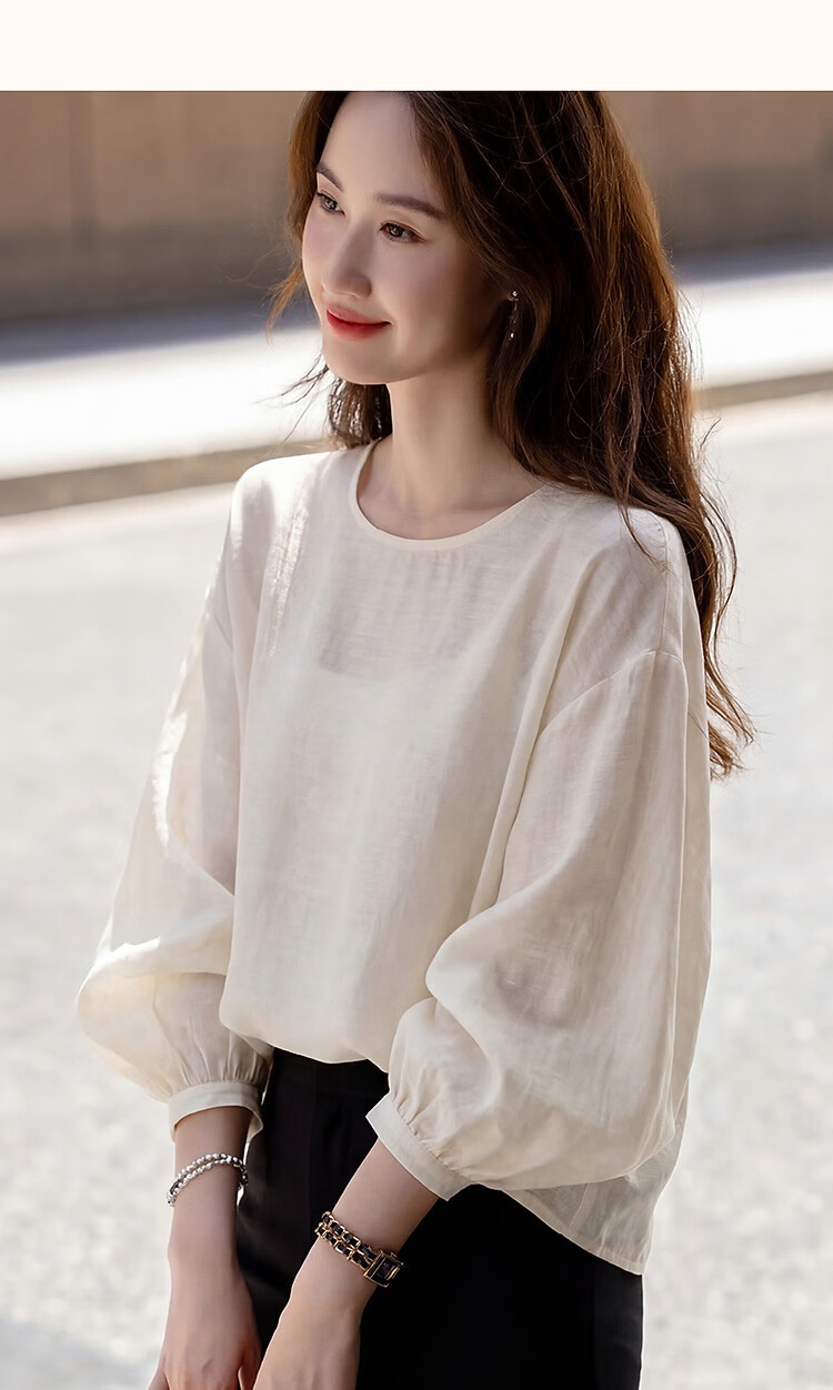 Demana [Shu Yang Pai] Spring and Autumn Acetate Linen Lyocell Blend Lantern Sleeve Straight Loose Shirt for Women 32