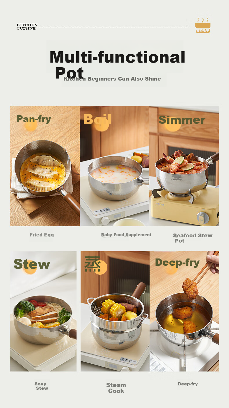 Kims Cook Snow-Pan Non-Coated Household Small Milk Pot Five-Layer Steel Baby Food Noodle Pot 316L Stainless Steel 20cm + 304 Steamer Basket 5