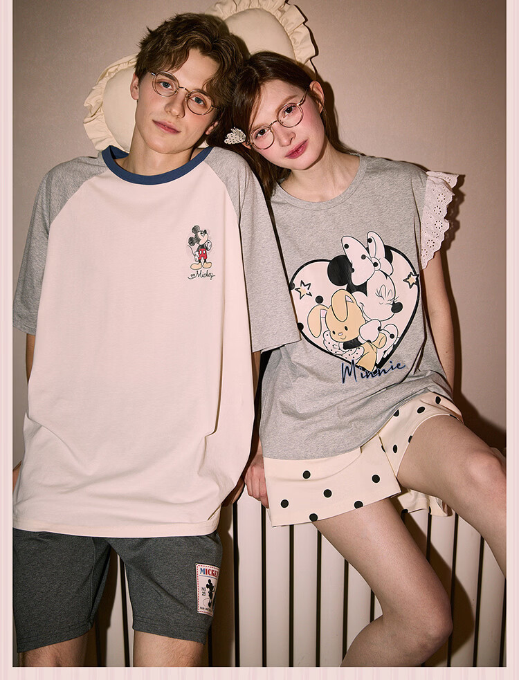 Gukoo Couples Pajamas Women's 2026 New Summer Disney Collaboration Cotton Pajamas Men's Homewear Light Gray S 2
