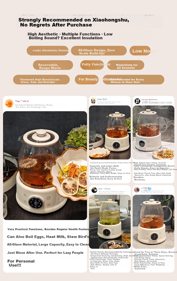 CAPOSI German Full Glass Health Pot Fully Automatic Constant Temperature Kettle Office Multifunctional Flower Tea Kettle Tea Cooker Stewing Integrated Auto Power-Off Electric Kettle New Model [Stewing 2