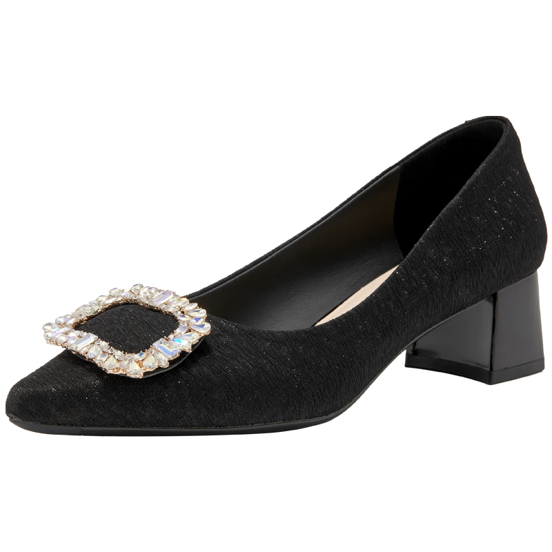 Josiny Rhinestone Square Buckle Pointed Toe Slip-On Chunky Heel Fashion Shoes, Spring Stylish Versatile Elegant Women's Pumps, Light Gold, Size 37
