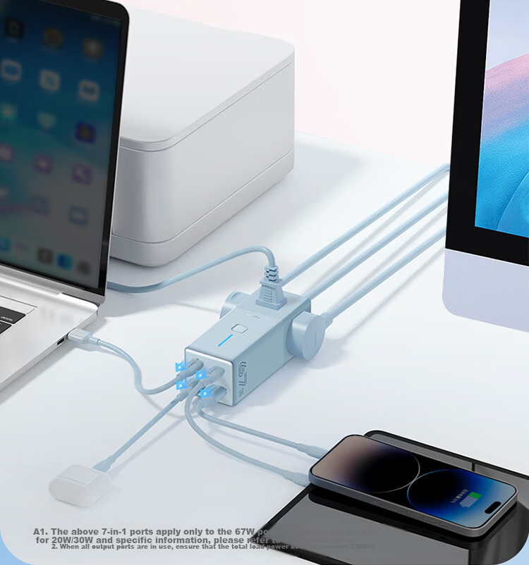BULL Gallium Nitride 67W Apple Fast Charging Laptop Socket/desktop Charging Station/USB Split Power Strip, 3C Certified, 2C2A + 3-Prong Purple Master Control 6