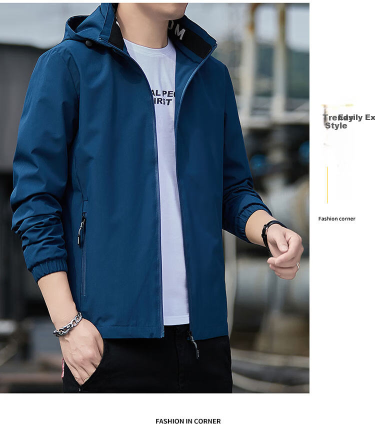 TUCANO Men's Jacket, Spring And Autumn Hooded Coat, Men's Business Casual Loose Outdoor Windbreaker, Blue, 2XL 9