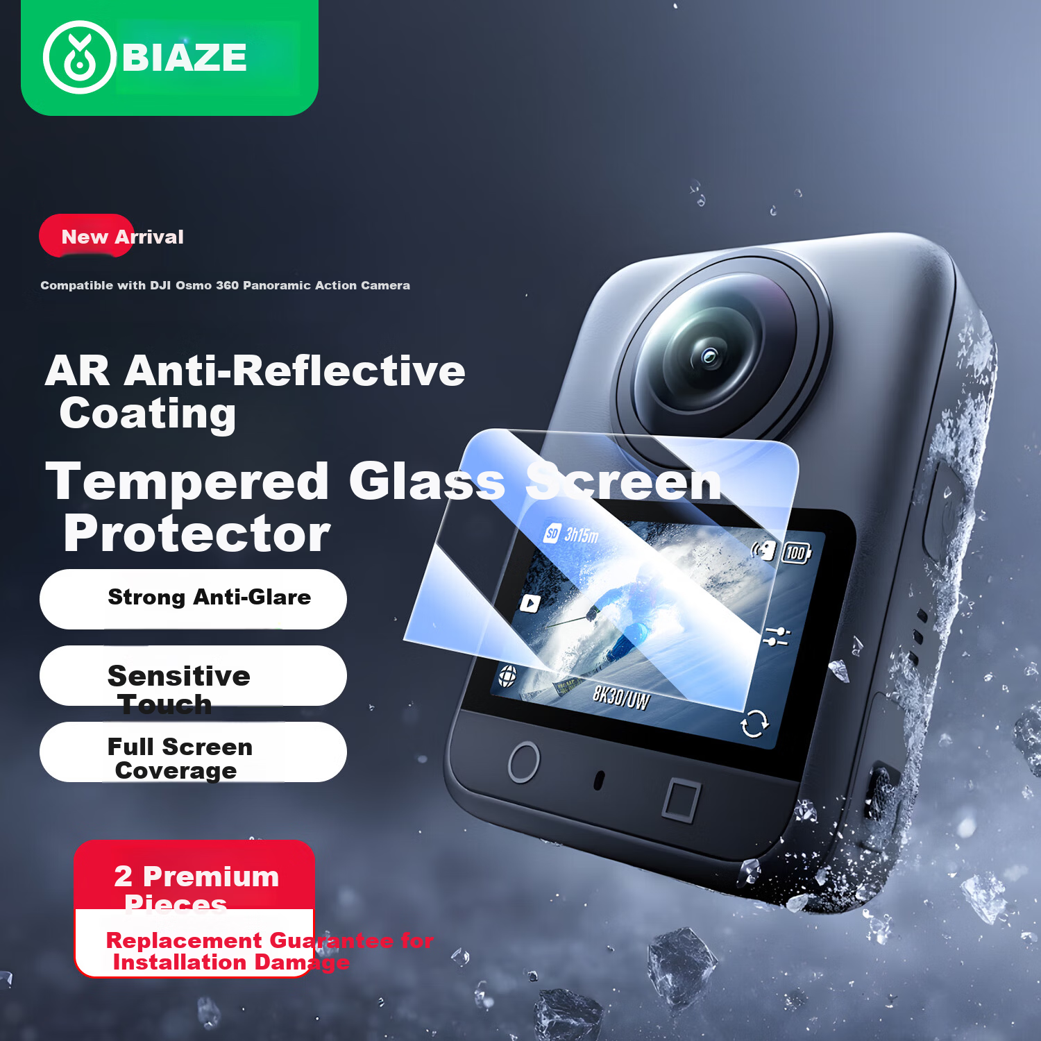 BIAZE [AR Anti-Reflective] Tempered Glass Screen Protector for DJI 360 Panorama Camera, HD Protective Film Accessories, 2-Pack JS35