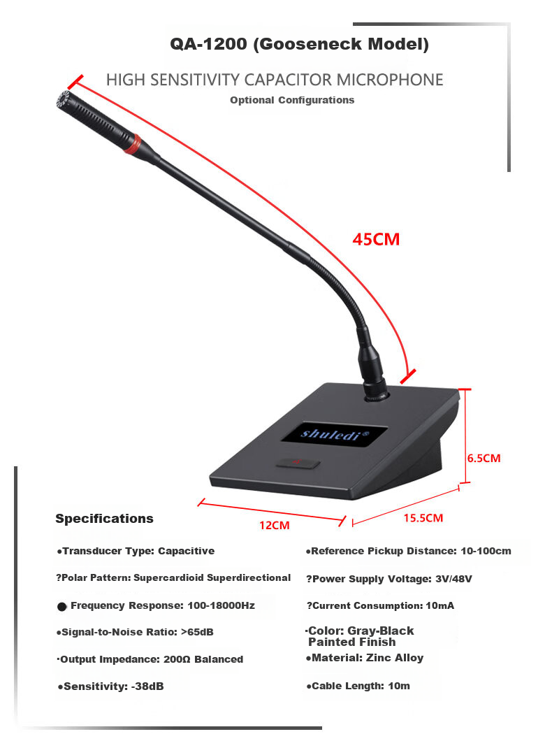 Shuledi QA-1200 Wired Conference Microphone Square Tube Desktop Microphone Host Speech Training Broadcast Desktop Condenser Microphone Anti-Howling 5