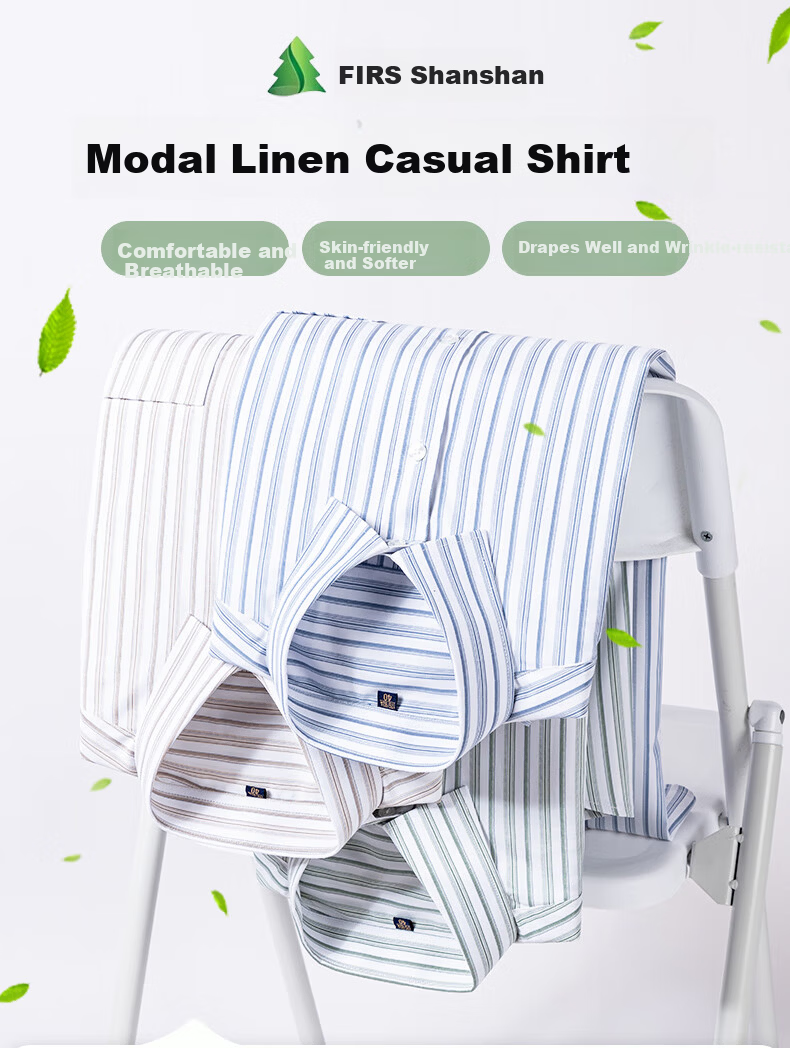 FIRS Men's Long Sleeve Business Casual Striped Shirt with Linen and Modal, Green Stripes, Size 42 1