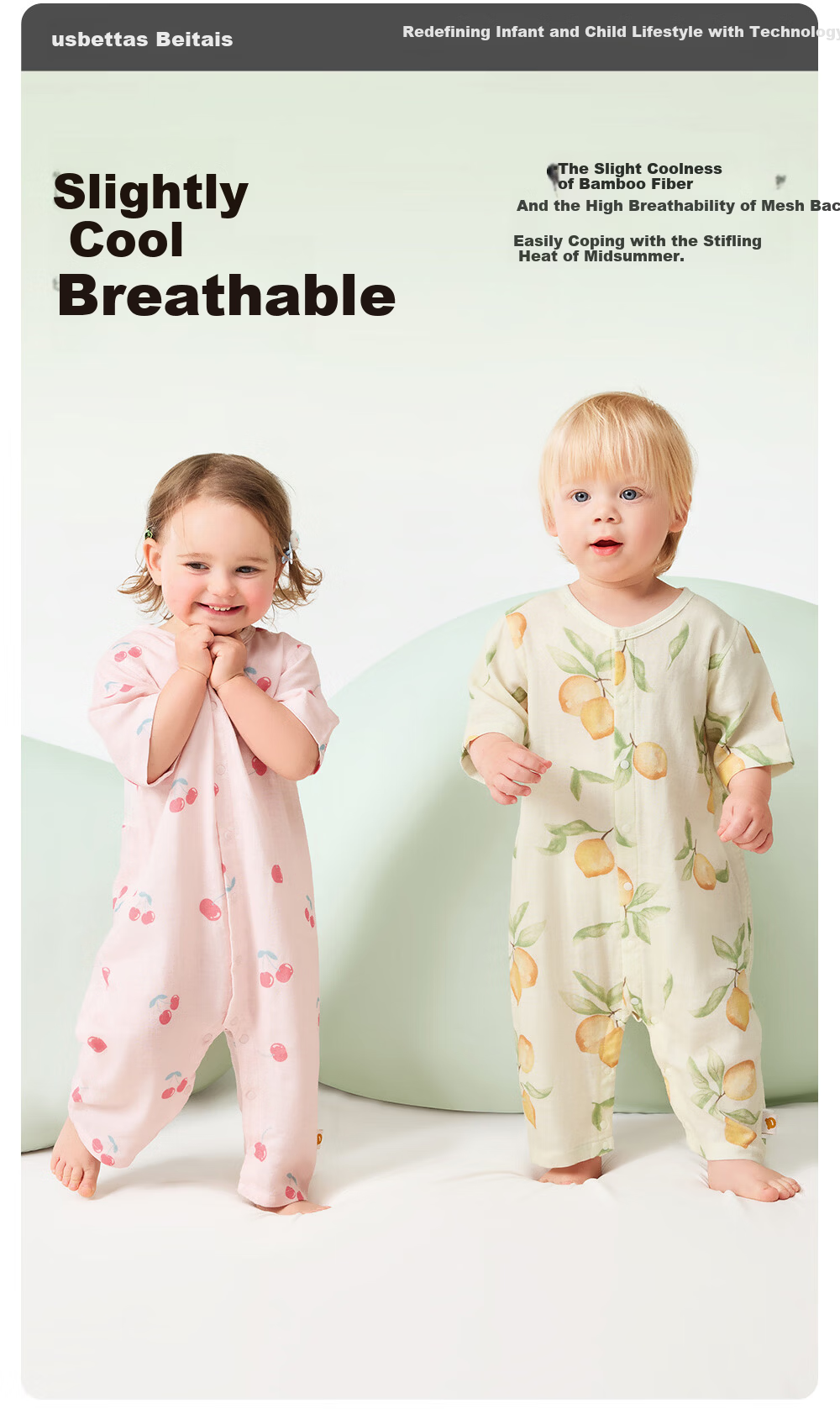 Betis Baby Summer Thin Romper Breathable Mesh Back Seven-Sleeve Air Conditioning Pajamas 1