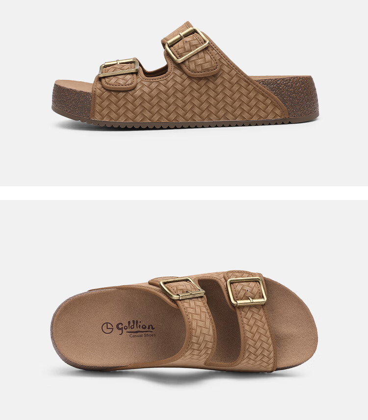 Goldlion Men's Shoes Summer 2026 New Woven Texture Lightweight Cushioning Durable Casual Slippers G597620152THF Tan Size 42 12