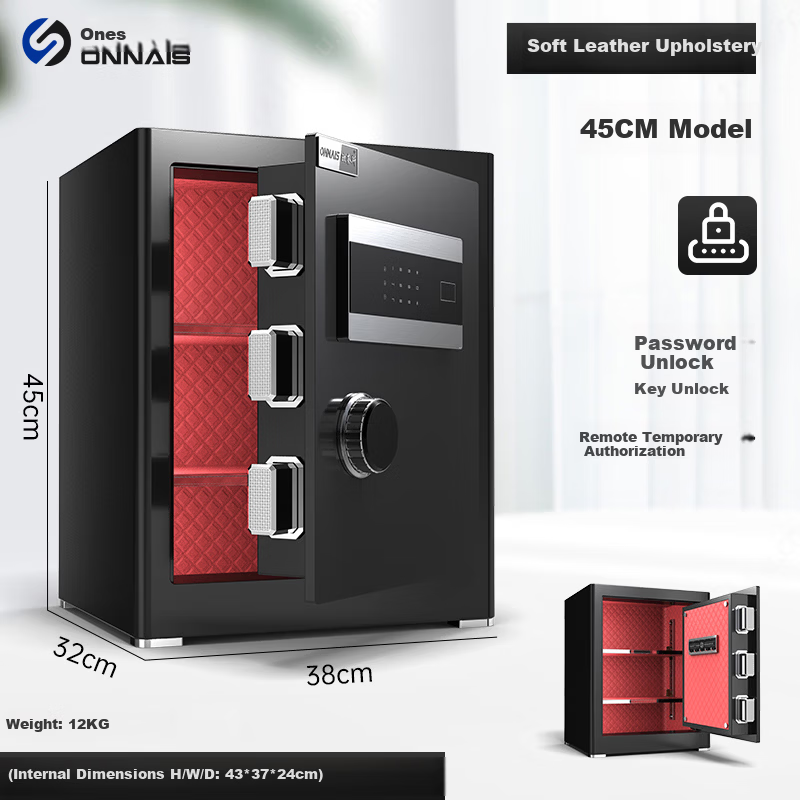 ONNAIS X6-45 Black Electronic Password Alarm Safe, New Home and Office Small Wall-Mounted All-Steel Anti-Theft Smart Safe with Three-Layer Electric Lock for Financial Security and Bedside Cabinet