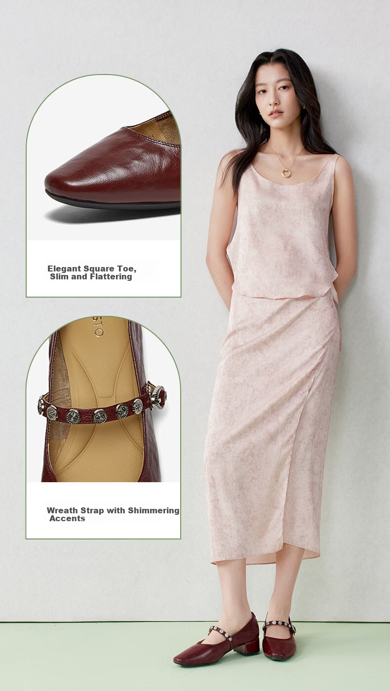 BASTO Monet Garden Spring 2026 French Style Lambskin Mary Jane Shoes for Women, Burgundy, Size 39, Model BN805AQ6 8