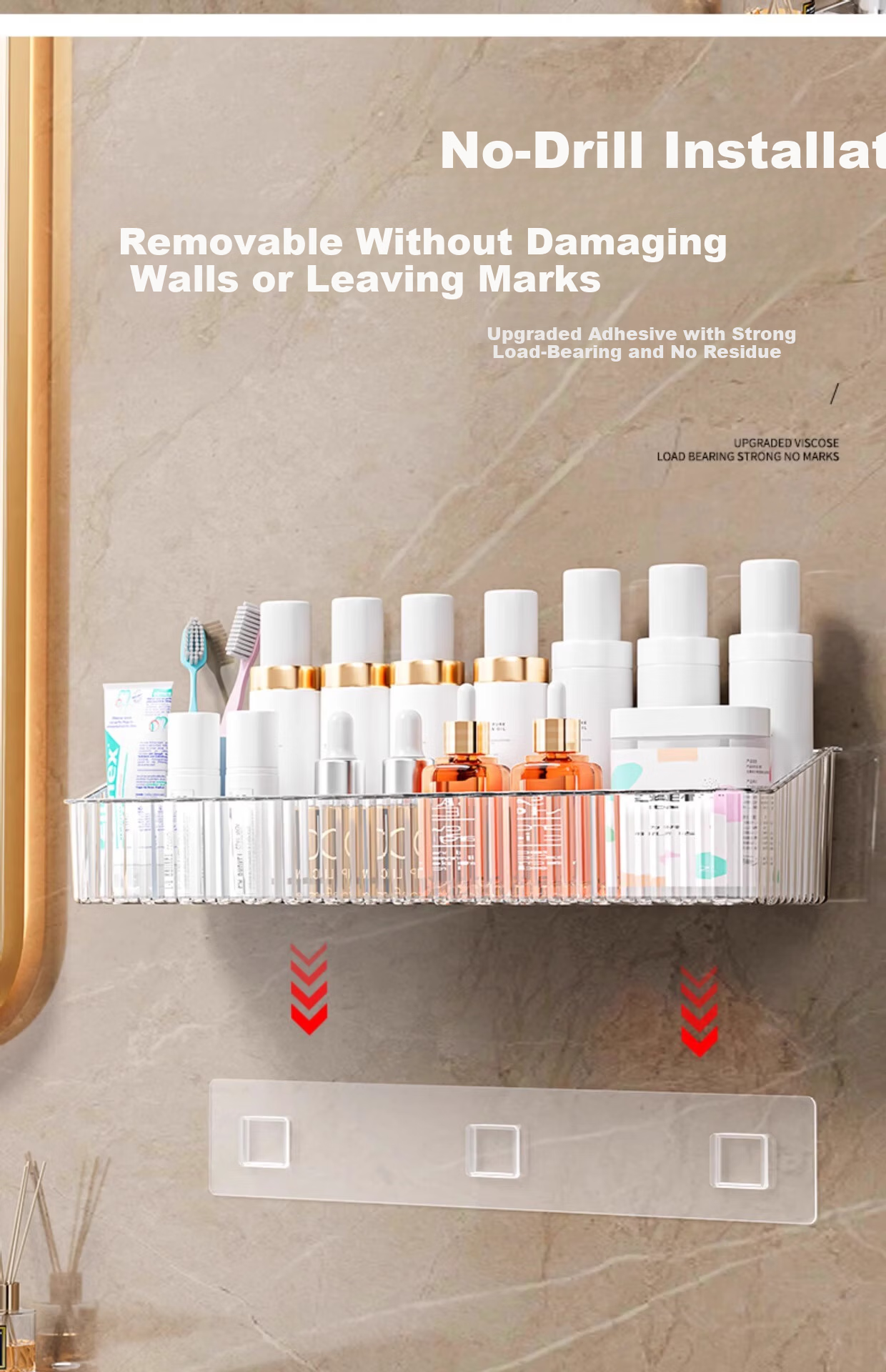 MUYA Suction Cup Storage Rack, No Drilling Required, Detachable, Bathroom Vanity Organizer, Light Luxury Style, Hollow Baked Paint Finish 11