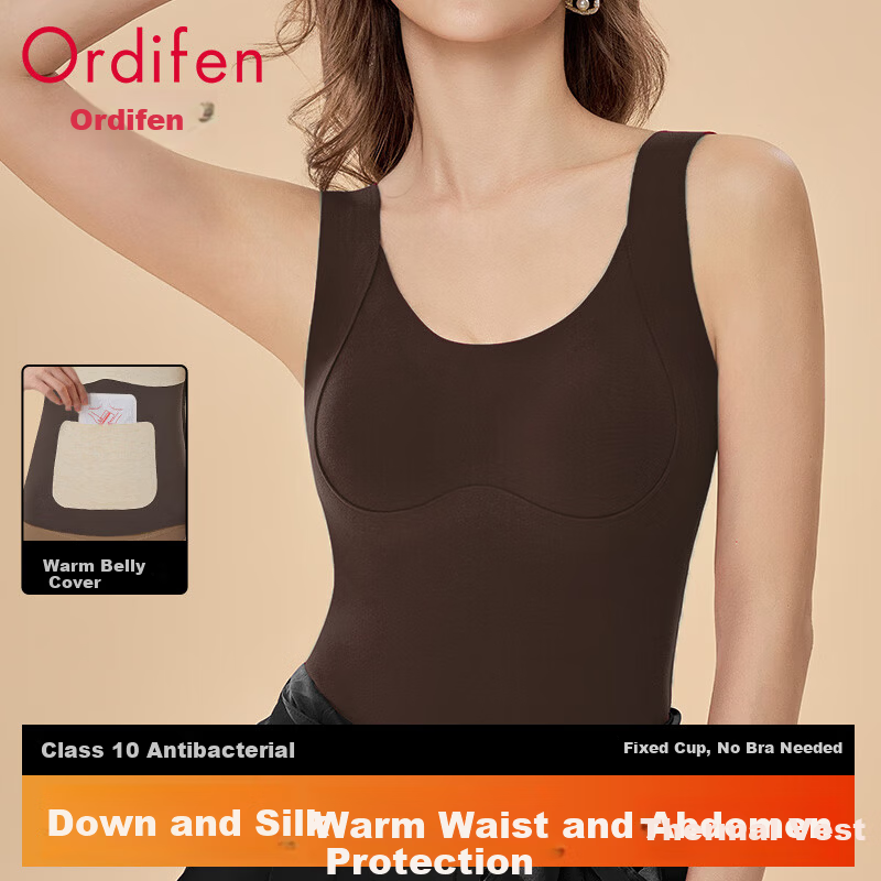 Ordifen Women's Thermal Vest with Integrated Bra Pad, Anti-Sagging, Fleece-Lined, Slim Fit Seamless Innerwear for Autumn and Winter, 2XL