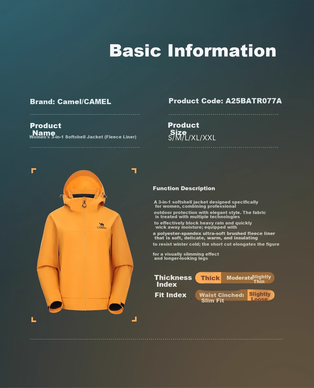 CAMEL Women's Short Outdoor Jacket 3-in-1 Fleece Liner Water-Resistant Windproof Coat 18