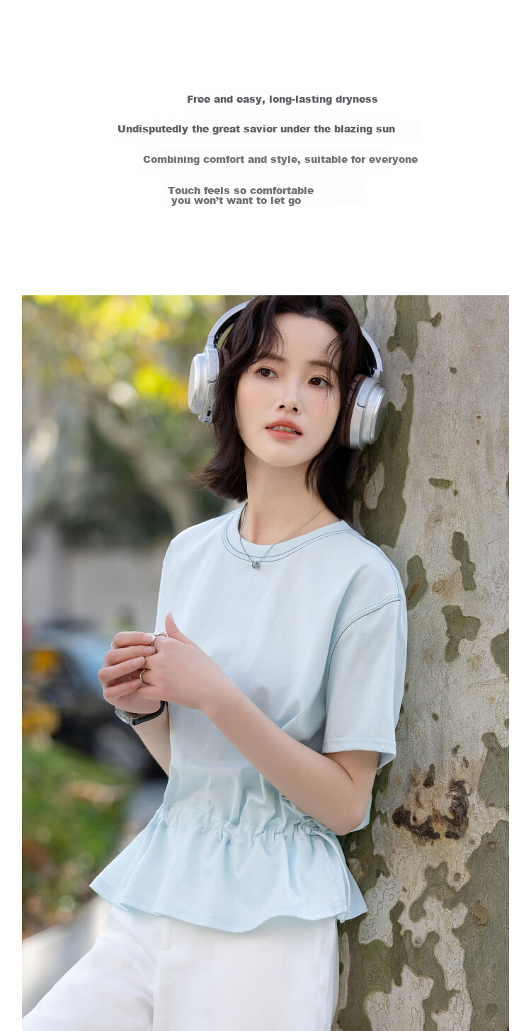 Demana [Cooling Sorona] Summer Anti-Stickiness Round Neck Short Sleeve Drawstring Hem Slimming Concealing T-Shirt for Women Premium 3