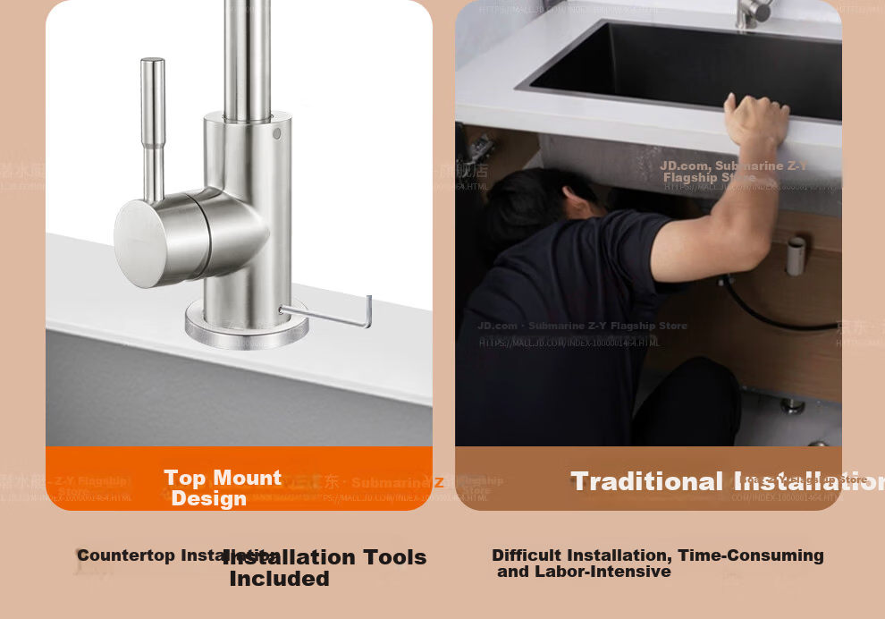 Submarine L7201 Stainless Steel Kitchen Sink Faucet, Top-Mounted, 360° Rotating, Hot And Cold Water Tap, Silver Brushed Finish 8