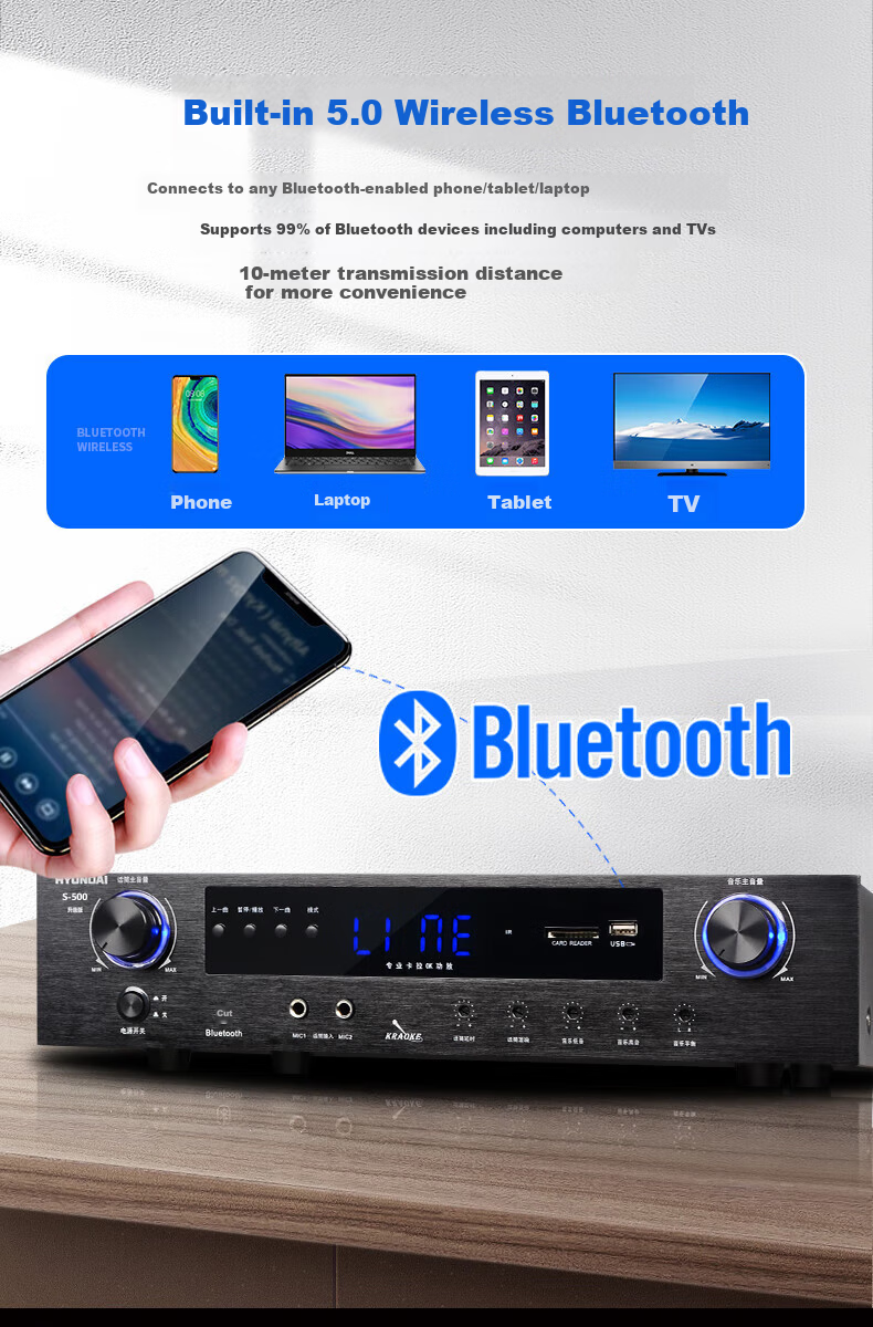 HYUNDAI S1200 Home KTV Audio Amplifier System, Home Karaoke Speaker Dedicated, High-Fidelity Bluetooth Wireless High-Power Music Amplifier 2