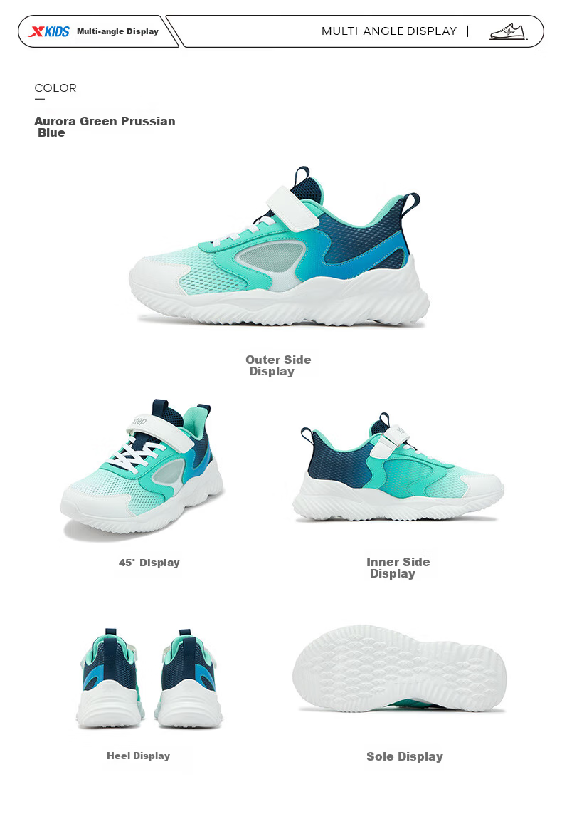 XTEP Children's Shoes, Boys' Big Kids Leather And Mesh Patchwork Velcro Running Shoes, Night Blue/aurora Green, Size 39 16