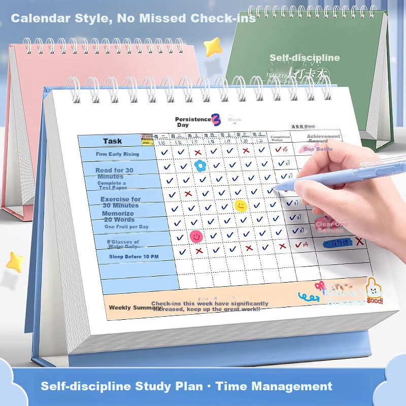 Mili Self-Discipline Check-In Book A5 Study Planner Habit Formation Time Management Daily Weekly Check-In Task Schedule for Elementary Students Children Routine Planning Back-to-School Essential Tool