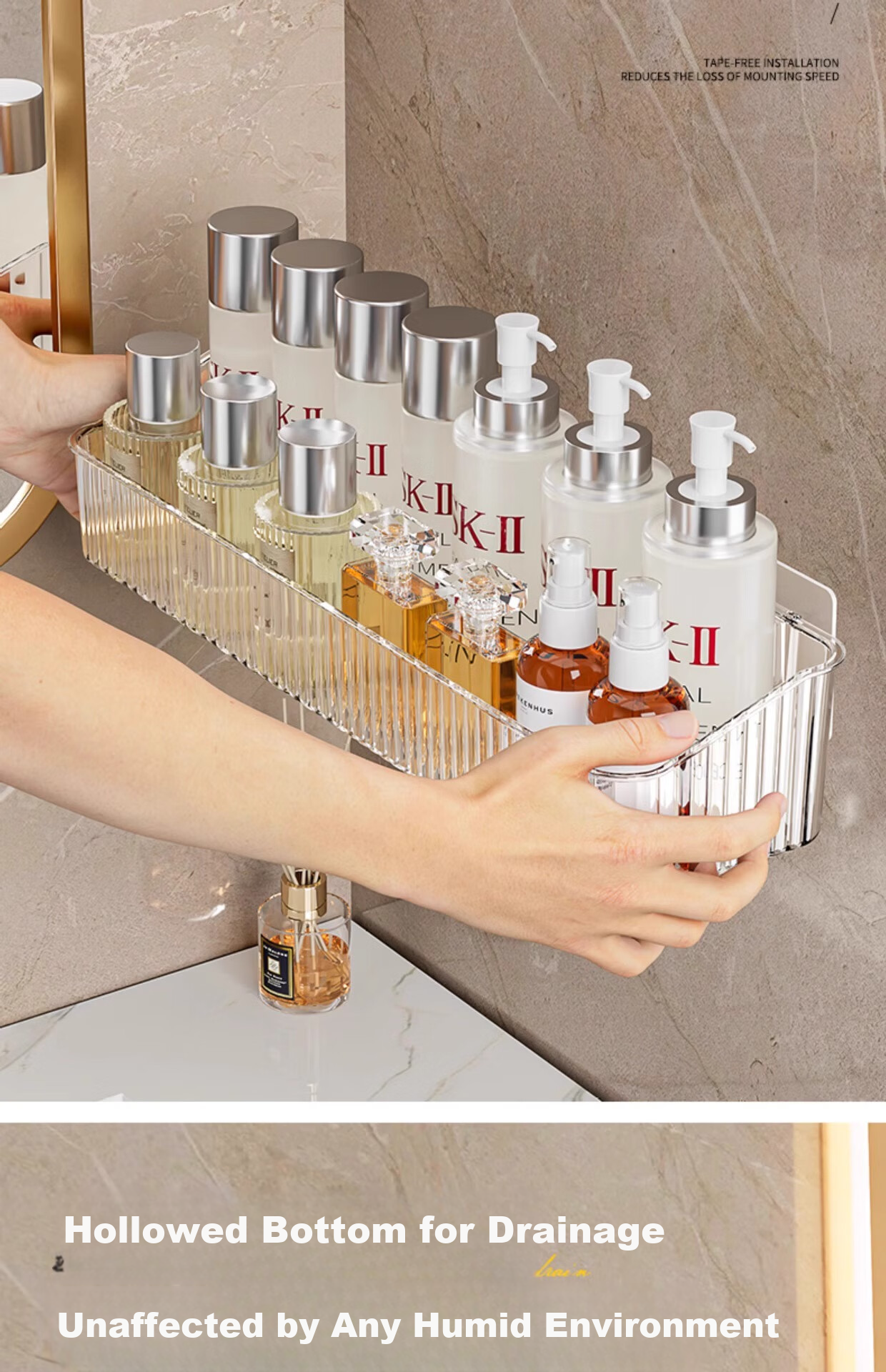 MUYA Suction Cup Storage Rack, No Drilling Required, Detachable, Bathroom Vanity Organizer, Light Luxury Style, Hollow Baked Paint Finish 7