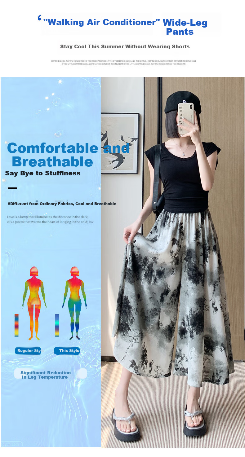 Langsha New Chinese Style Chiffon Skirt Pants for Women, Summer Lightweight New High-Waist Ink Painting Chinese Style Wide-Leg Trousers 4