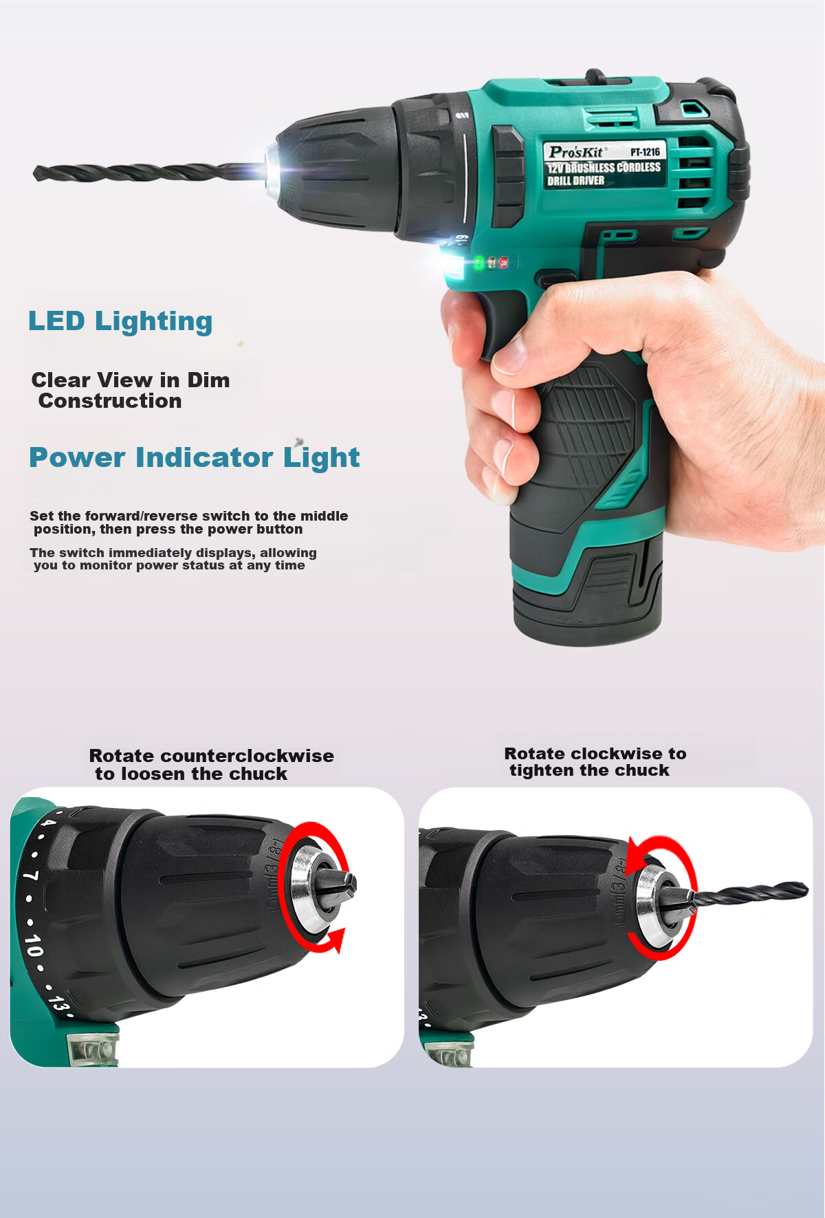 Pro'sKit 12V Cordless Brushless Electric Drill Screwdriver Impact Drill PT-1216G 6