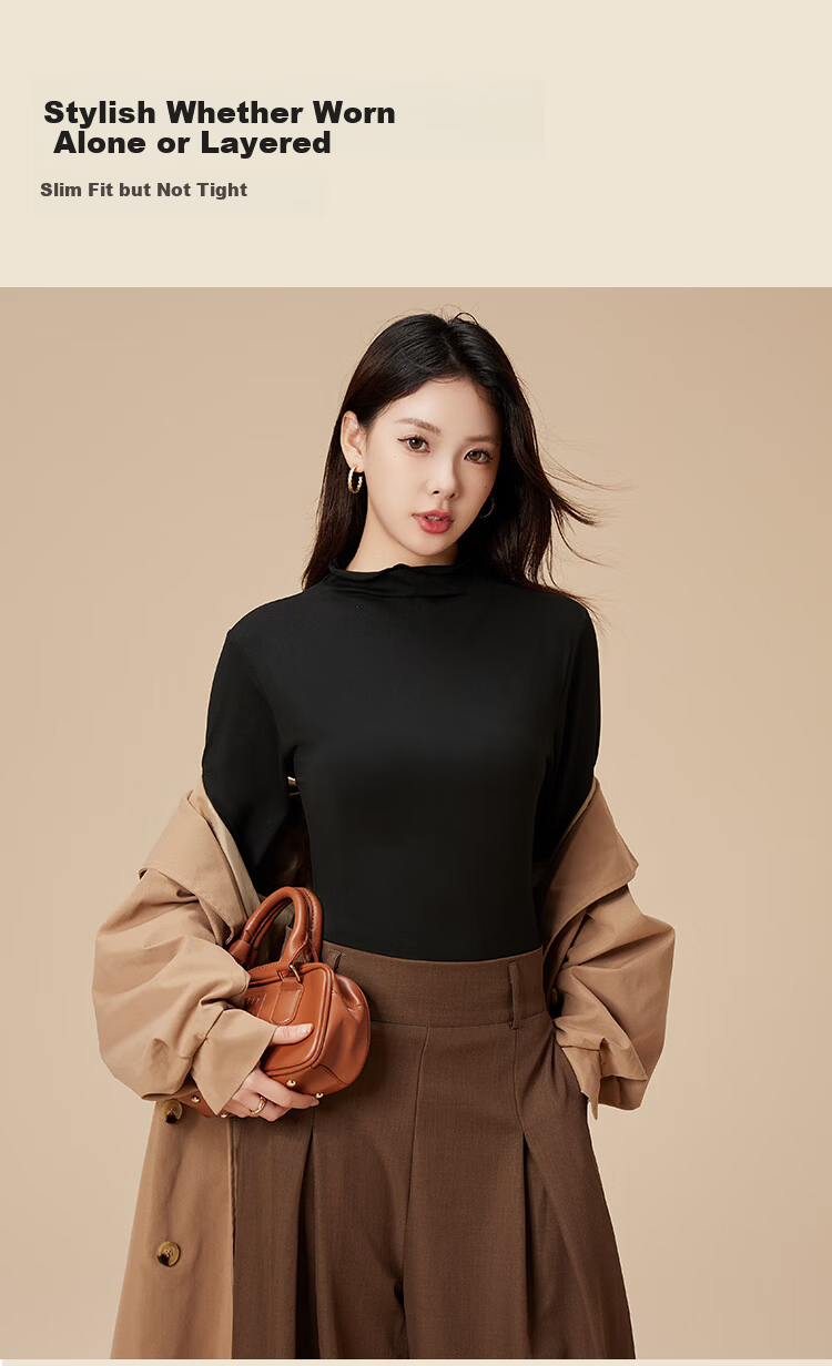 Ordifen Women's Turtleneck Base Shirt Autumn Winter Long Sleeve Ruffled Slim Fit Black M 4