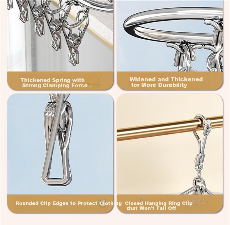 MENGTING Stainless Steel Multi-Functional Clothes Peg Hanger Sock Rack Windproof 20 Clips 6