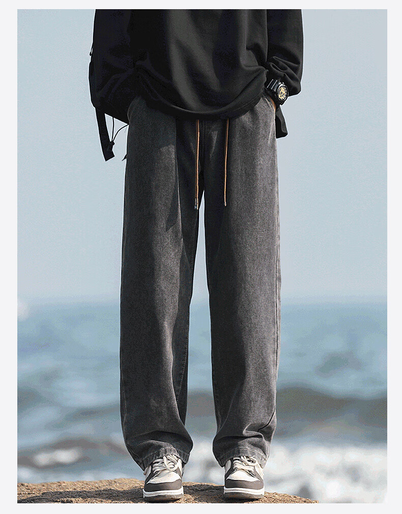 Warrior Men's Jeans Spring Autumn Loose Straight Leg American Vintage Wide Leg Casual Pants Black Gray L 8